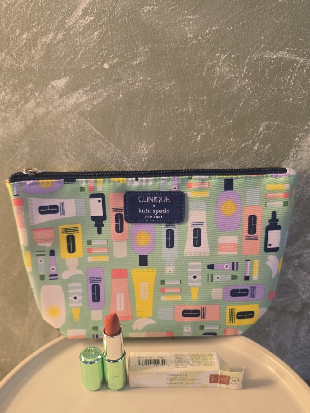Clinique x Kate Spade Cosmetic Pouch & Full Size Pop Lipstick Latte Matte New